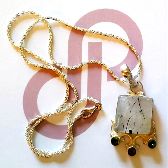 SOLD-Rutile Quartz, Peridot, and Amethyst Sterling Silver Necklace - Picture 5 of 12
